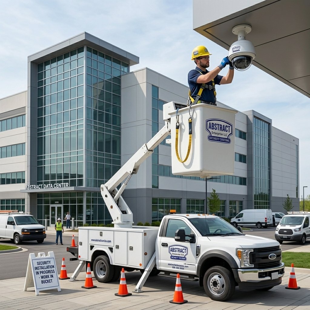 Abstract Enterprises technician installing security camera on commercial building in Manhattan NY