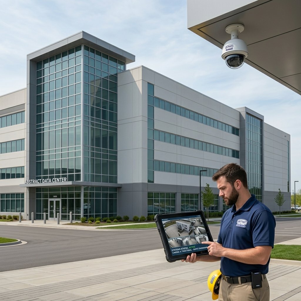Abstract Enterprises technician monitoring security cameras on tablet after installation in Queens NY
